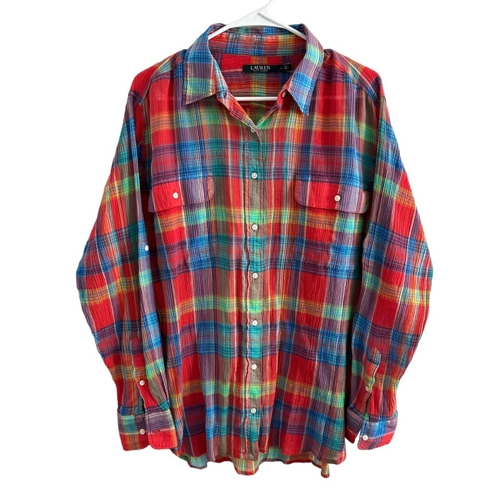 Lauren Ralph Lauren Colorful Plaid Blouse Roll Tab Sleeve Gauzy Cotton Women’s L